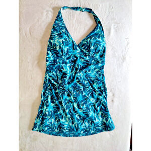 New LL Bean Womens Swimsuit Halter Dress Sz 12 Reg Blue Green Sunblockin UPF 50+
